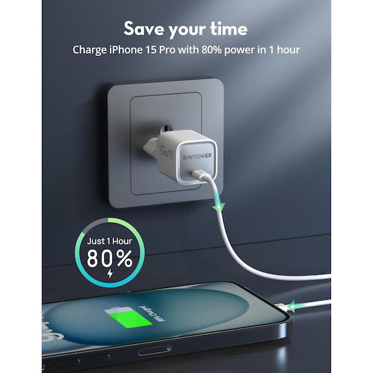 RAVPower Ladegerät ohne Kabel GaN mit USB-C Anschluss 20W Stromlieferung Weißs (RP-PC1055)