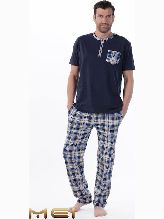 MEI Pijama Bărbătească de Vară în Carouri Albastră