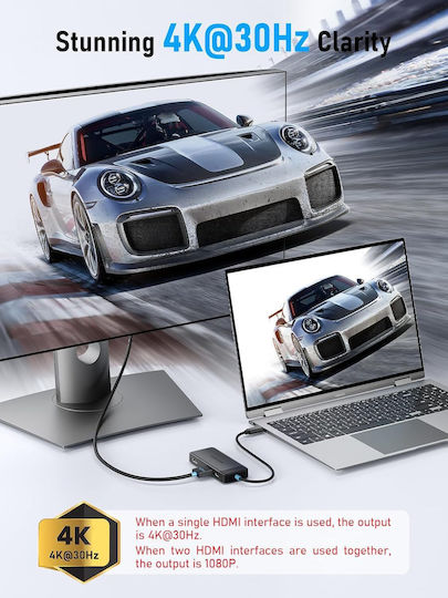 Lemorele TC122 USB-C Лаптоп Докинг Станция с HDMI 4K PD и Свързване на 2 Монитора Черен