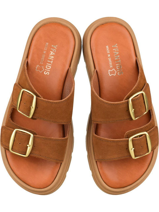 Leather Women's Flat Sandals Tabac Brown