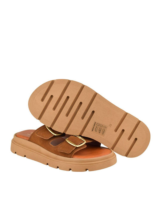 Leather Women's Flat Sandals Tabac Brown