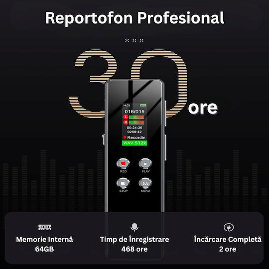 Înregistrator Vocal Profesional Ecran Color 64gb Mp3/wav Reducere Zgomot Activare Vocală 1536kbps Parolă Usb-c Căști Negre