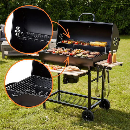 Barbecue Charcoal Klausberg Kb 9033 Cover Lock Thermometer Side Shelves Ash Drawer Wheels Steel Black