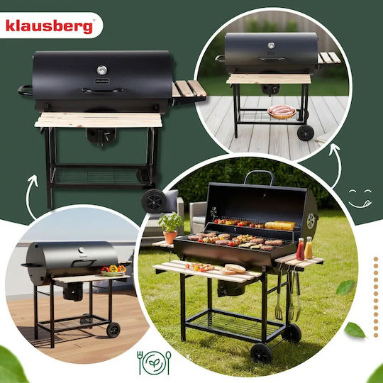 Barbecue Charcoal Klausberg Kb 9033 Cover Lock Thermometer Side Shelves Ash Drawer Wheels Steel Black