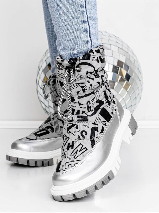 Ghete Dama Ankle Boots cu Blană Argintii