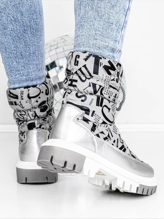 Ghete Dama Ankle Boots cu Blană Argintii