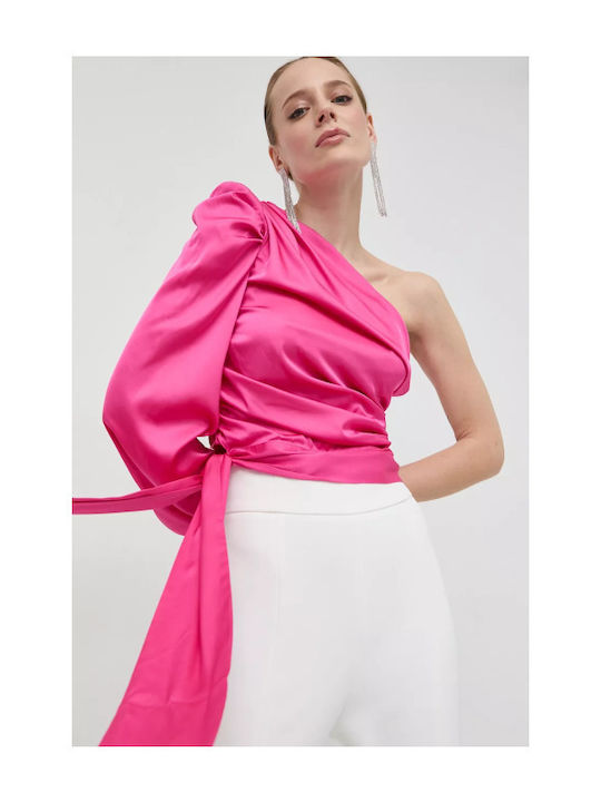 Women's Satin Drape Blouse One Shoulder Fuchsia