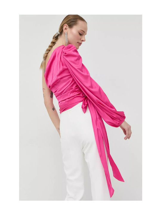 Women's Satin Drape Blouse One Shoulder Fuchsia