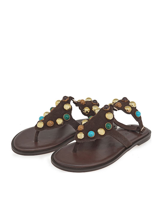 Leather Women's Flat Sandals Brown