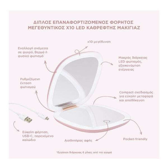 Mon Reve Makeup Mirror Hand with Light Zoom x10 Pink