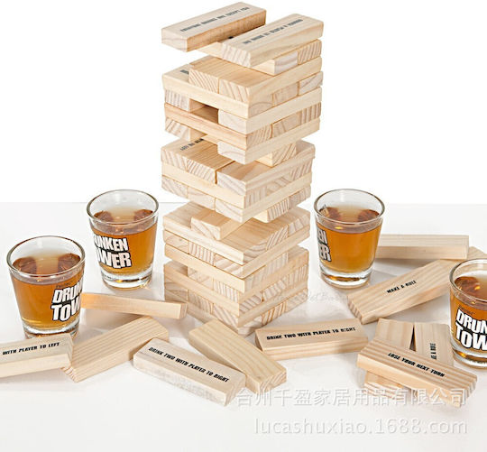 Alista Home Joc De Băutură Jenga Turnul Betivului Din Lemn Provocare Piese Cu Pahare De Shot Incluse 19 X 7 X 20 Cm