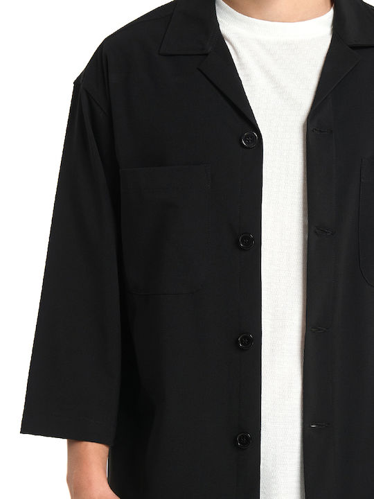 Μακρυμάνικo Overshirt σε Κανονική Γραμμή Μαυρο
