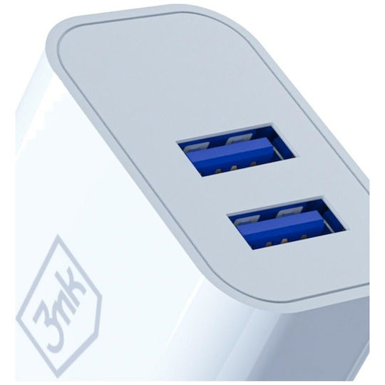 3MK Charger with Integrated Cable with 2 USB-A Ports 10W White (FlowPower)