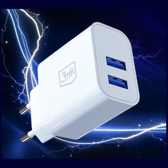 3MK Charger with Integrated Cable with 2 USB-A Ports 10W White (FlowPower)
