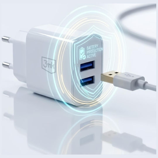 3MK Charger with Integrated Cable with 2 USB-A Ports 10W White (FlowPower)