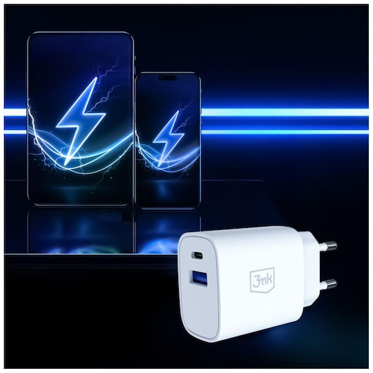 3MK Φορτιστής Χωρίς Καλώδιο με Θύρα USB-A και Θύρα USB-C 30W Power Delivery / Quick Charge 4+ Λευκός (FlowPower)