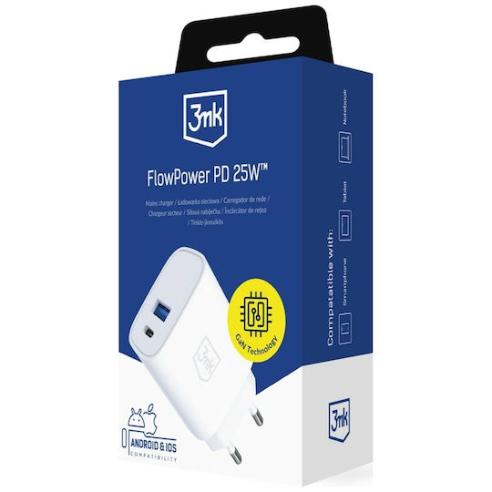 3MK Φορτιστής Χωρίς Καλώδιο με Θύρα USB-A και Θύρα USB-C 25W Power Delivery / Quick Charge 4+ Λευκός (FlowPower)