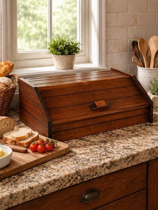 Lioutas Bread Box with Lid Wooden Brown 41.5x28x18cm