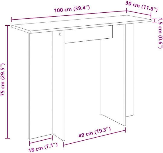 vidaXL Konsolentisch Holz Grau M100xB30xH75cm