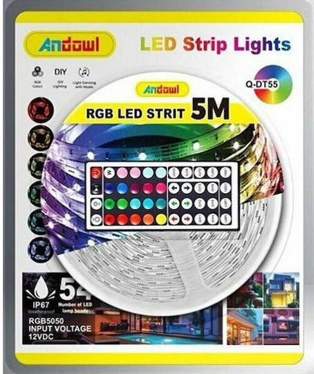 Andowl Αδιάβροχη Ταινία LED 12V RGB Φως 5m Τύπου SMD5050 με Τροφοδοτικό & Τηλεχειριστήριο