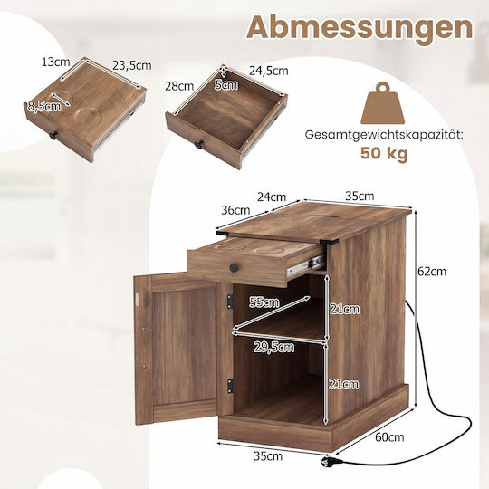 Wooden Bedside Table with Metal Legs Brown 60x35x62cm