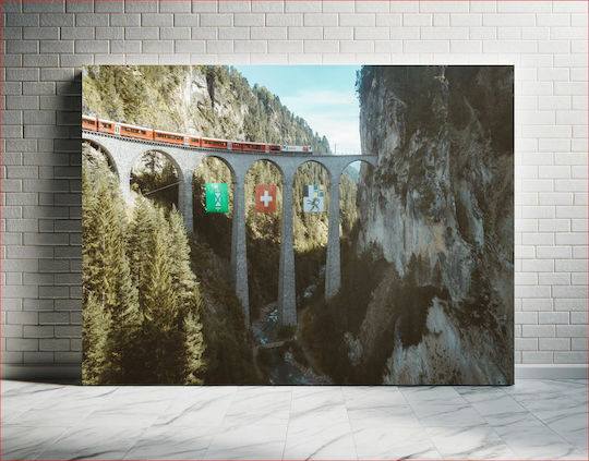 Zug An Bahndamm In Alpenlandschaft 1 Auf Segeltuch