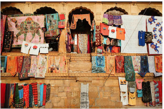 Colorful Fabric Painting Display In Traditional Market 100x70