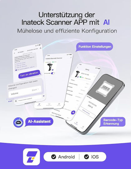 Inateck Handheld-Scanner Drahtlos mit 2D- und QR-Barcode-Lesefunktion