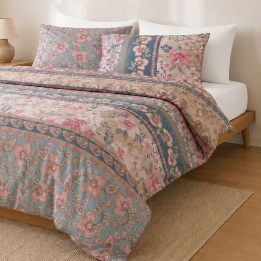 Majoli Bahar Σετ Παπλωματοθήκη Βαμβακερή 200x220cm Διπλή με 2 Μαξιλαροθήκες & 1 Σεντόνι Καφέ