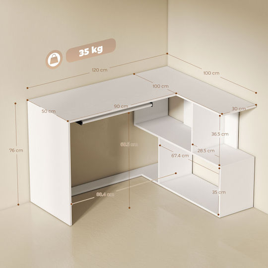 Corner Desk Wooden White 120x100x76cm