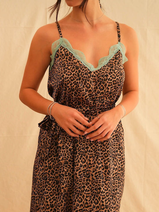Summer Maxi Evening Dress Satin with Lace Brown