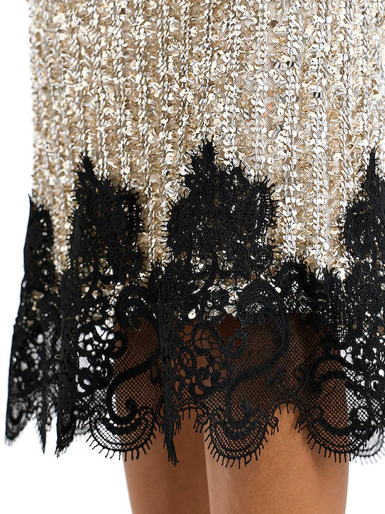 Midi Evening Dress with Lace Black-Beige-Gold