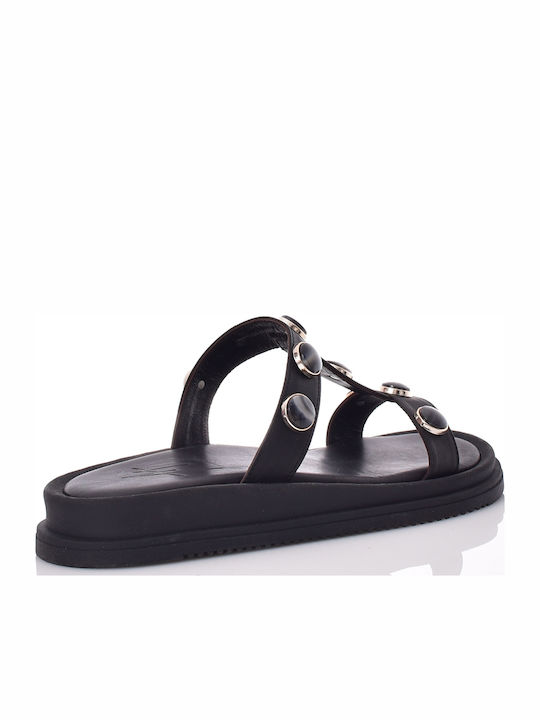 Leder Flache Sandalen Für Damen Schwarz