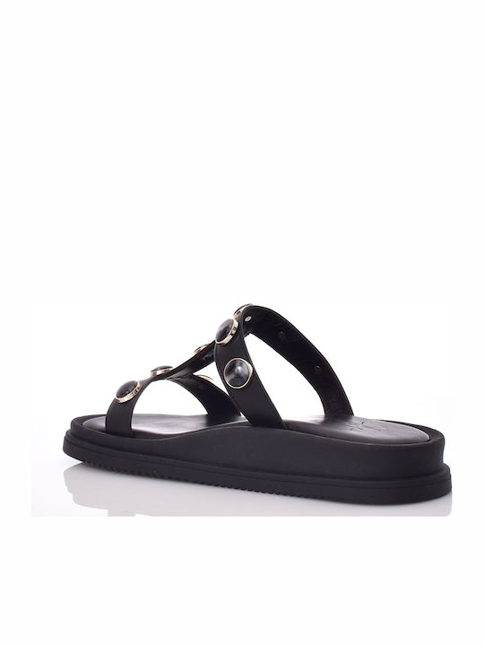 Leder Flache Sandalen Für Damen Schwarz