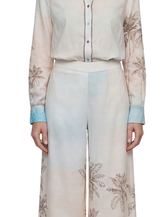Women's High Rise Pantaloons with Rubber Band in Wide Leg Style Beige-Blue