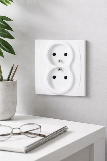 Priză Dublă de Perete 16A 250V Albă cu Împământare 1 Bucată