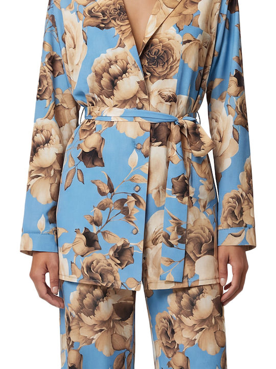 C. Manolo Women’s High Rise Satin Pantaloons with Rubber Band in Wide Leg Style Floral Beige-Blue