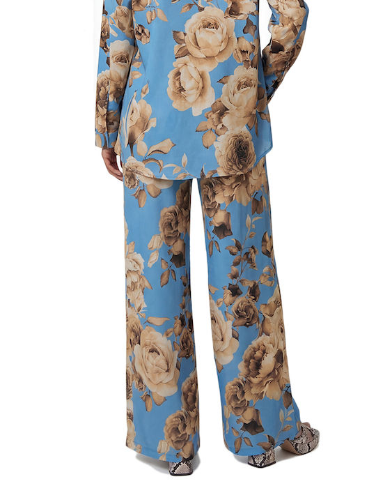 Women’s High Rise Satin Pantaloons with Rubber Band in Wide Leg Style Floral Beige-Blue