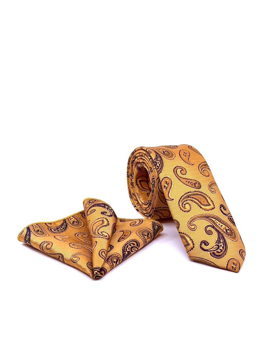Legend Accessories Σετ Ανδρικής Γραβάτας Μεταξωτή με Σχέδια σε Χρυσό Χρώμα