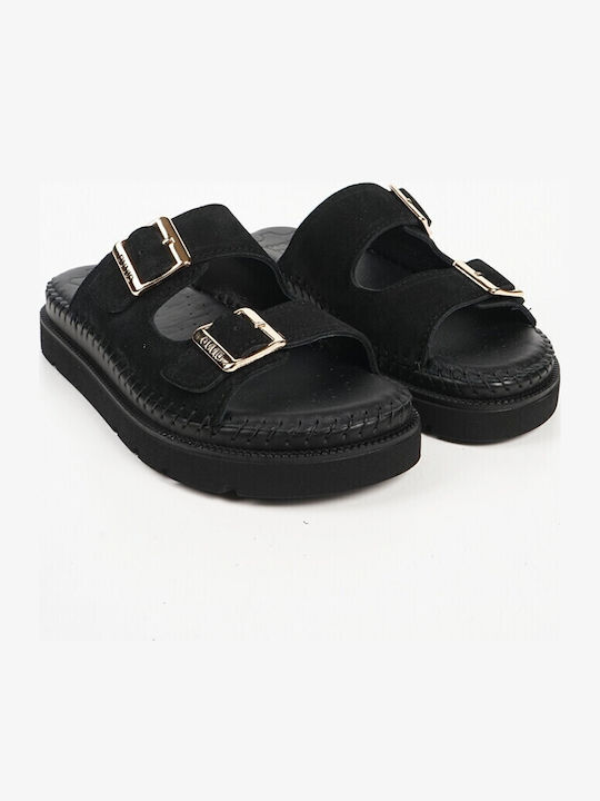 Δερμάτινα Γυναικεία Ανατομικά Σανδάλια Flatforms Μαύρα