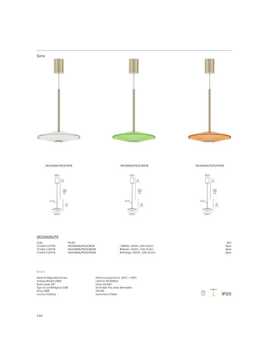 VK Lighting Green LED Pendant Ceiling Light with Warm White Light