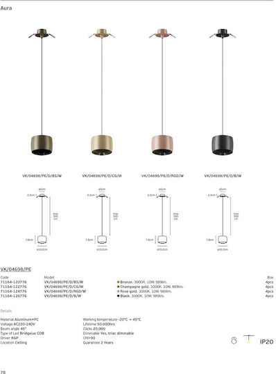 VK Lighting Висящо Осветително Тяло Бронзово LED с Топло Бяла Светлина