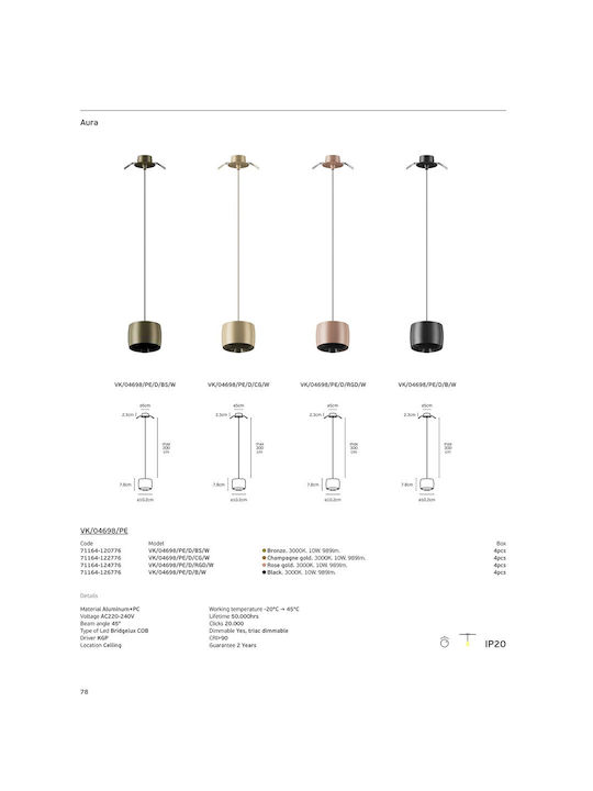 VK Lighting Black LED Pendant Ceiling Light with Warm White Light