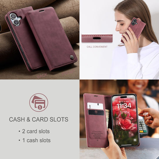 Caseme 013 iPhone 16 Ретро Кожен Калъф Книга Червен