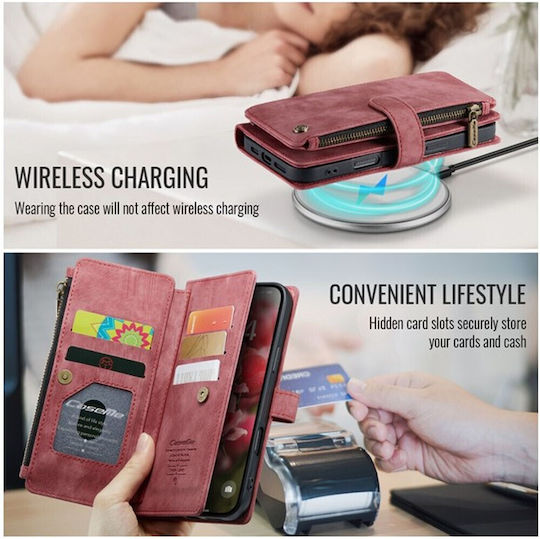 Caseme C30 Iphone 16 Pro Card Slots Zipper Leather Wallet Case Wine Red