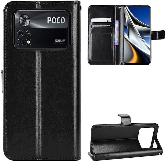 Tel1 Xiaomi Poco X4 Pro 5G Crazy Horse Textură Orizontală Husa Tip Carte Neagră