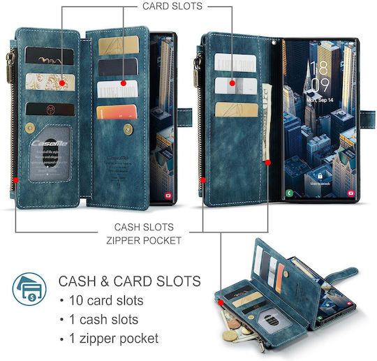 Caseme C30 Samsung Galaxy S25 Ultra 5g Card Slots Zipper Wallet Synthetic Leather Case Blue