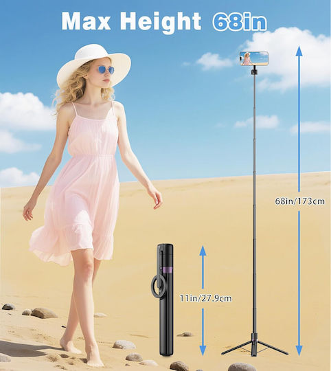 Toneof Selfie Stick Trepied cu Telecomandă Suport Magnetic Compact Stabil Rotire 360° Pliabil Magsafe 173 Cm Potrivit pentru Smartphone-uri