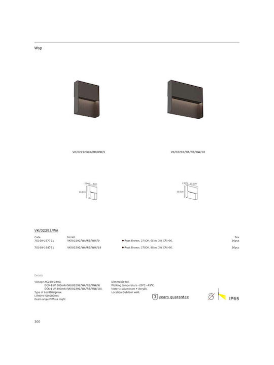 VK Lighting Iluminat Exterior Montat Pe Perete Led Încorporat IP65 3W Cu Alb Cald