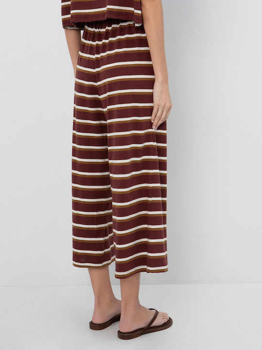 Damen Hochbund Stoff Capri Hose mit Gummiband in Lose Passform Gestreift Gestreift